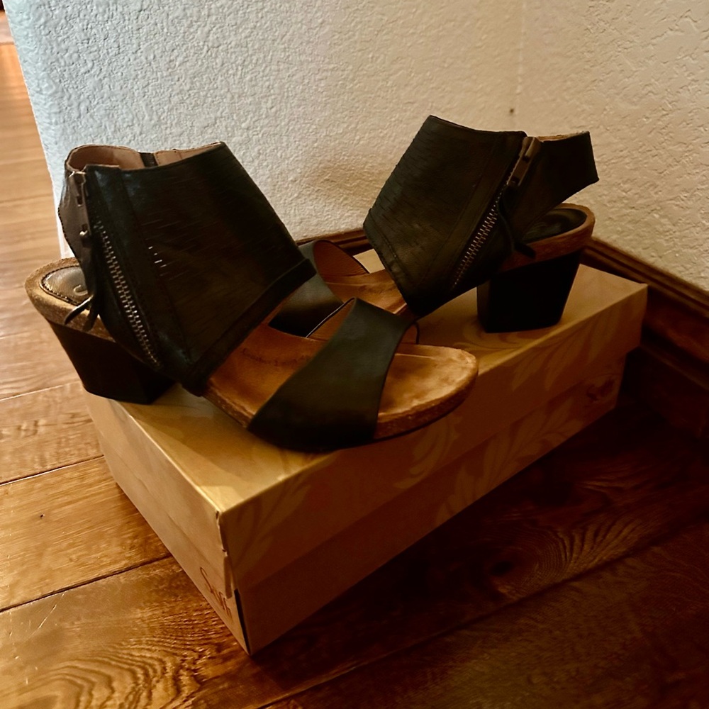 Black Open-Toe Block Heel Sandals with Side Zip